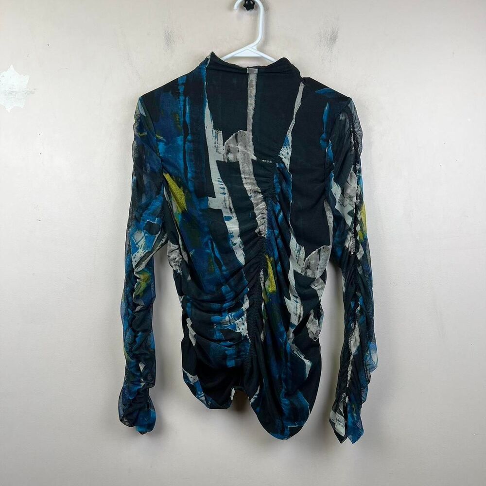 DKNY Women's Printed Mock-Neck Ruched Long-Sleeve Mesh Top Size M